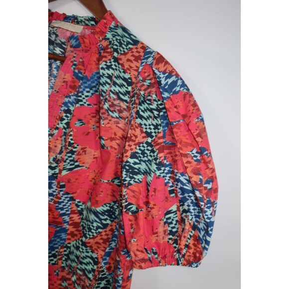 Ulla Johnson Flamingo Tillie Top Cotton Poplin Puff Sleeves Split Neck Multi 2 - Picture 7 of 11
